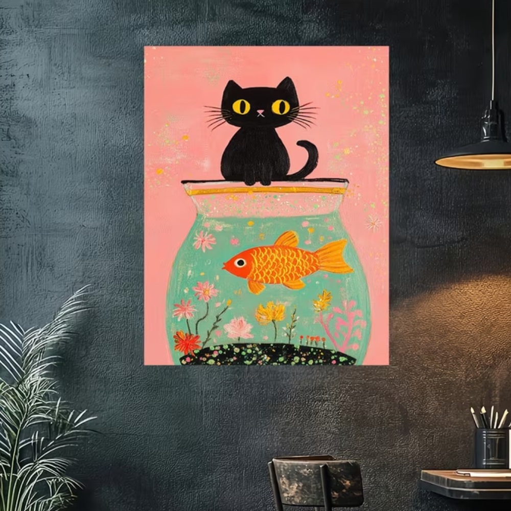 Black Cat and Goldfish Art Print - Picture 2 of 5